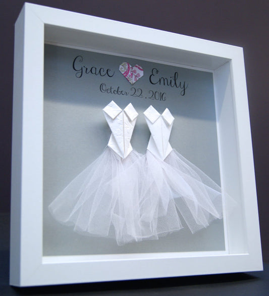 Personalized Gay Same Sex LGBT Wedding, Marriage, Engagement, First Anniversary Paper Origami Bride & Bride Shadowbox Frame Custom Art Gift