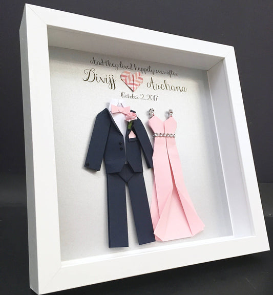 Personalized Bride and Groom Frame, Wedding Gift, First Anniversary Paper Anniversary Gift of Paper Origami Bride & Groom, Wall Art Decor