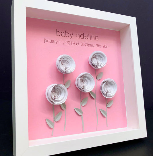 Personalized Baby Girl Name Frame with Paper Roses, Name Frame with Birth Info, Custom Baby Girl Shower Gift, Floral Nursery Decor Wall Art