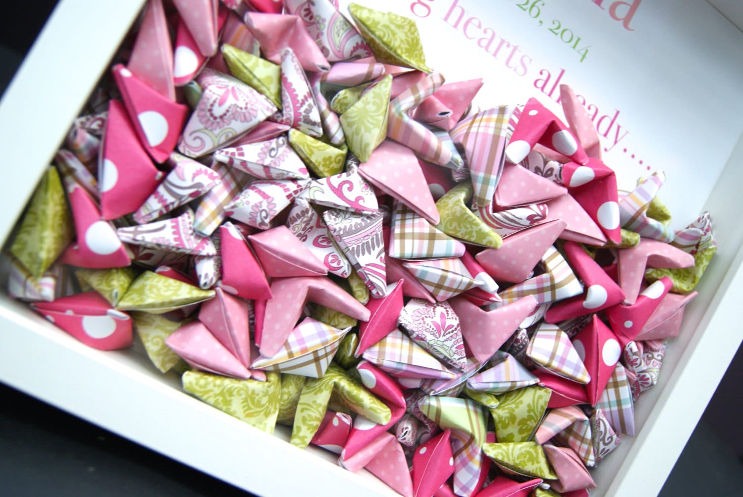 Personalized Baby Girl Lucky Hearts Name Frame of Paper Origami Hearts in Shadowbox, New Baby Girl Gift, Pink Hearts Nursery Decor Wall Art