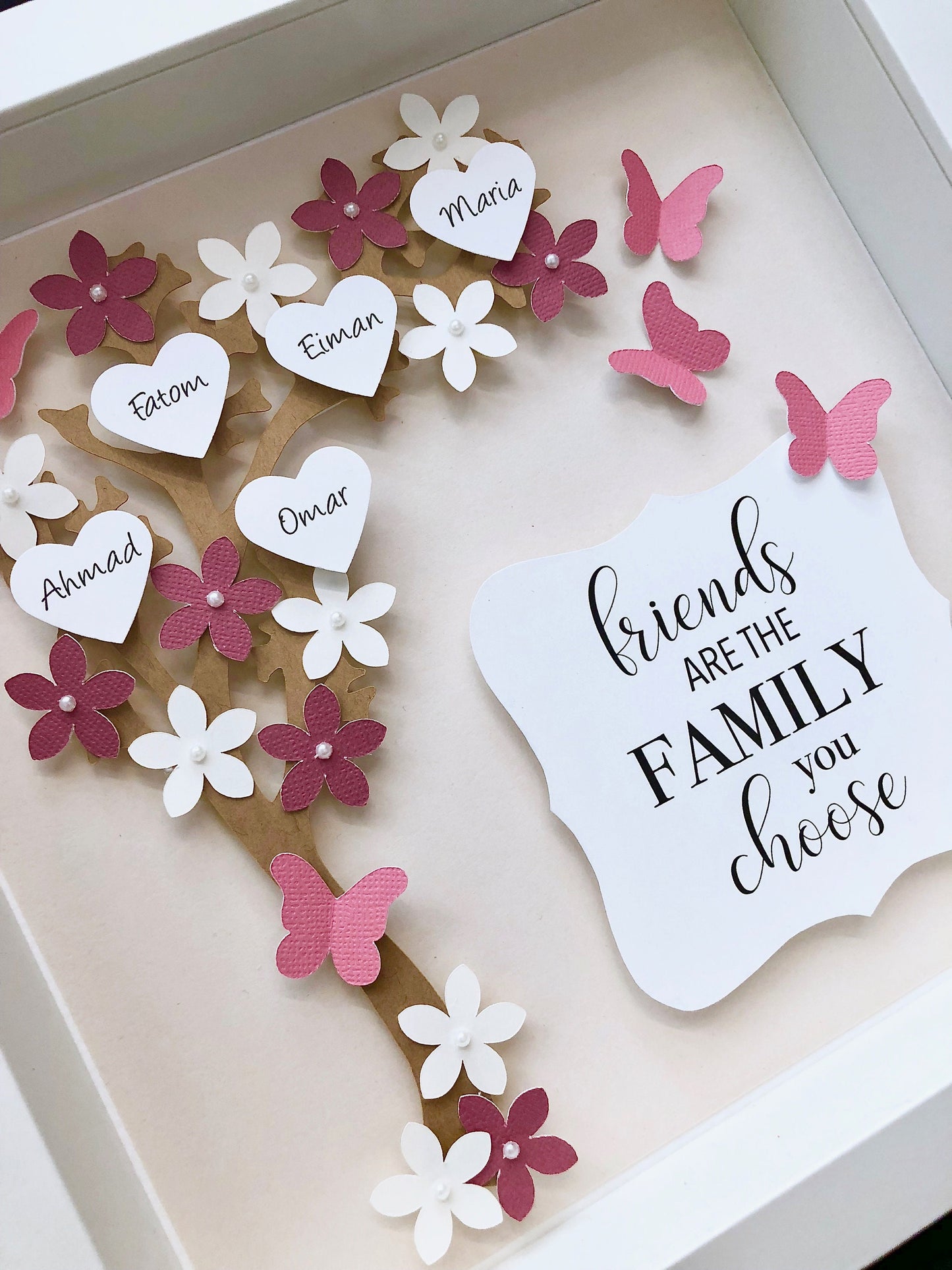 Personalized Family Tree Frame with Flowers, Hearts, and Butterfies 3D Paper Art Shadowbox Frame