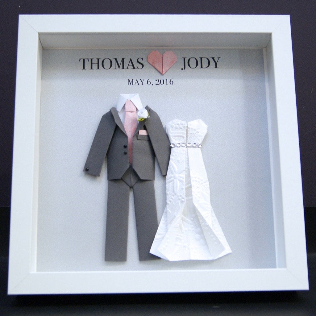 Personalized Anniversary Gift, 1st Anniversary Paper Gift, Wedding Bride & Groom Frame, Replicate Your Wedding Dress and Suit in Miniatures