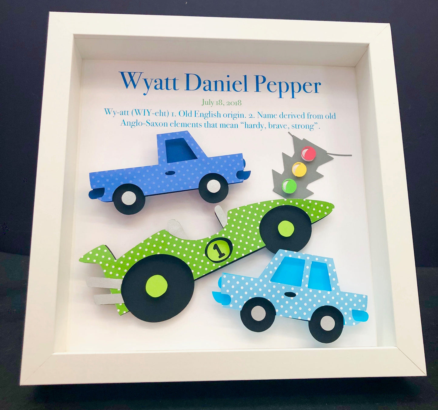 Baby Boy Name Frame with Race Car, Car and Truck, Name Origin and Meaning, Baby Boy Shower Gift, Race Cars Nursery Decor Wall Art