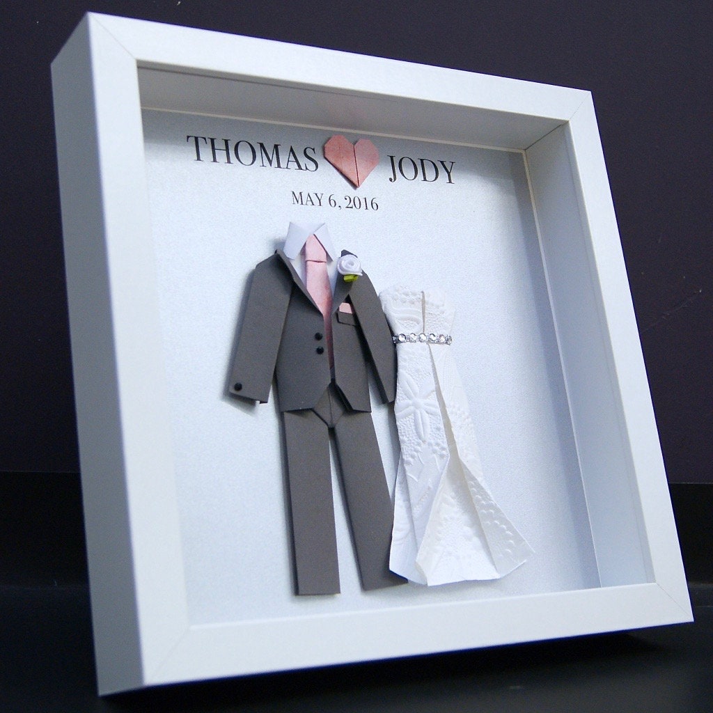 Personalized Anniversary Gift, 1st Anniversary Paper Gift, Wedding Bride & Groom Frame, Replicate Your Wedding Dress and Suit in Miniatures