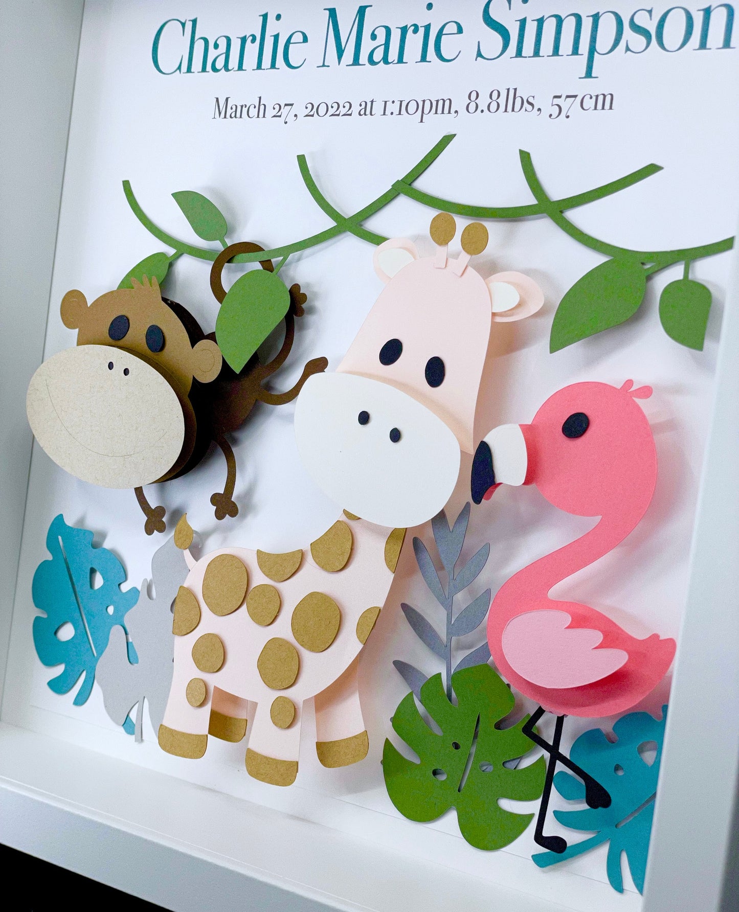 Adorable Baby Name Gift - Jungle Animals Nursery Sign with Monkey, Giraffe & Flamingo, Modern Zoo Animals Nursery Decor, Baby Shower Gift