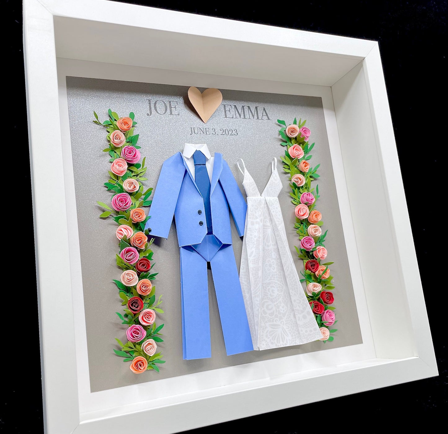 Custom Anniversary Gift, Paper Gift, Wedding Bride & Groom Frame, Wedding Rose Flower Arch, Replicate Your Wedding Dress and Suit Miniature