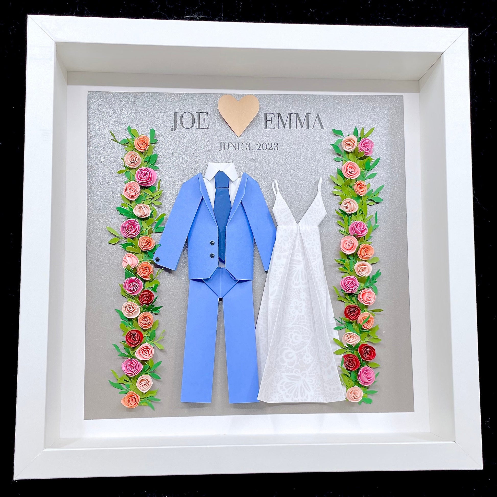 Custom Anniversary Gift, Paper Gift, Wedding Bride & Groom Frame, Wedding Rose Flower Arch, Replicate Your Wedding Dress and Suit Miniature