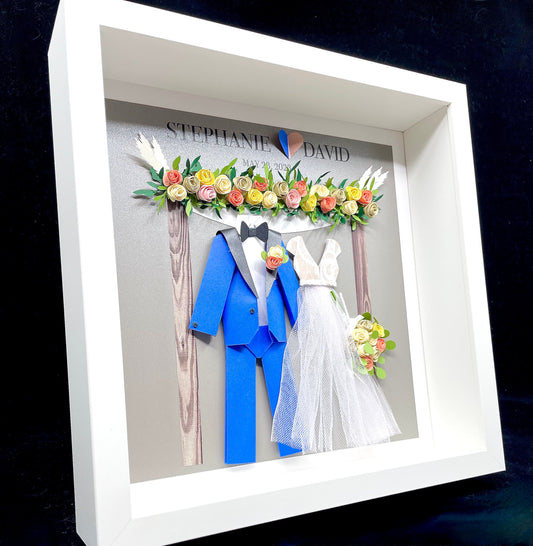 Custom Anniversary Gift, Paper Gift, Jewish Wedding Gift, Bride & Groom Frame with Chuppah, Flower Arch, Wedding Dress and Suit Miniature