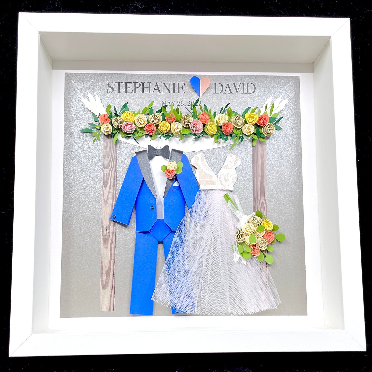 Custom Anniversary Gift, Paper Gift, Jewish Wedding Gift, Bride & Groom Frame with Chuppah, Flower Arch, Wedding Dress and Suit Miniature