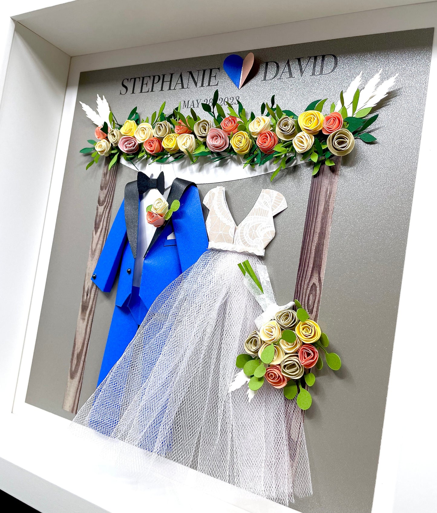 Custom Anniversary Gift, Paper Gift, Jewish Wedding Gift, Bride & Groom Frame with Chuppah, Flower Arch, Wedding Dress and Suit Miniature