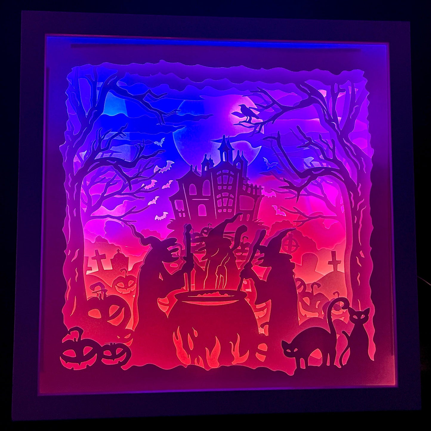 Spooky Halloween Lightbox, Illuminated Lit Halloween Art, Paper Cut Witches & Haunted House Decor, Custom Scary Halloween LED Decoration