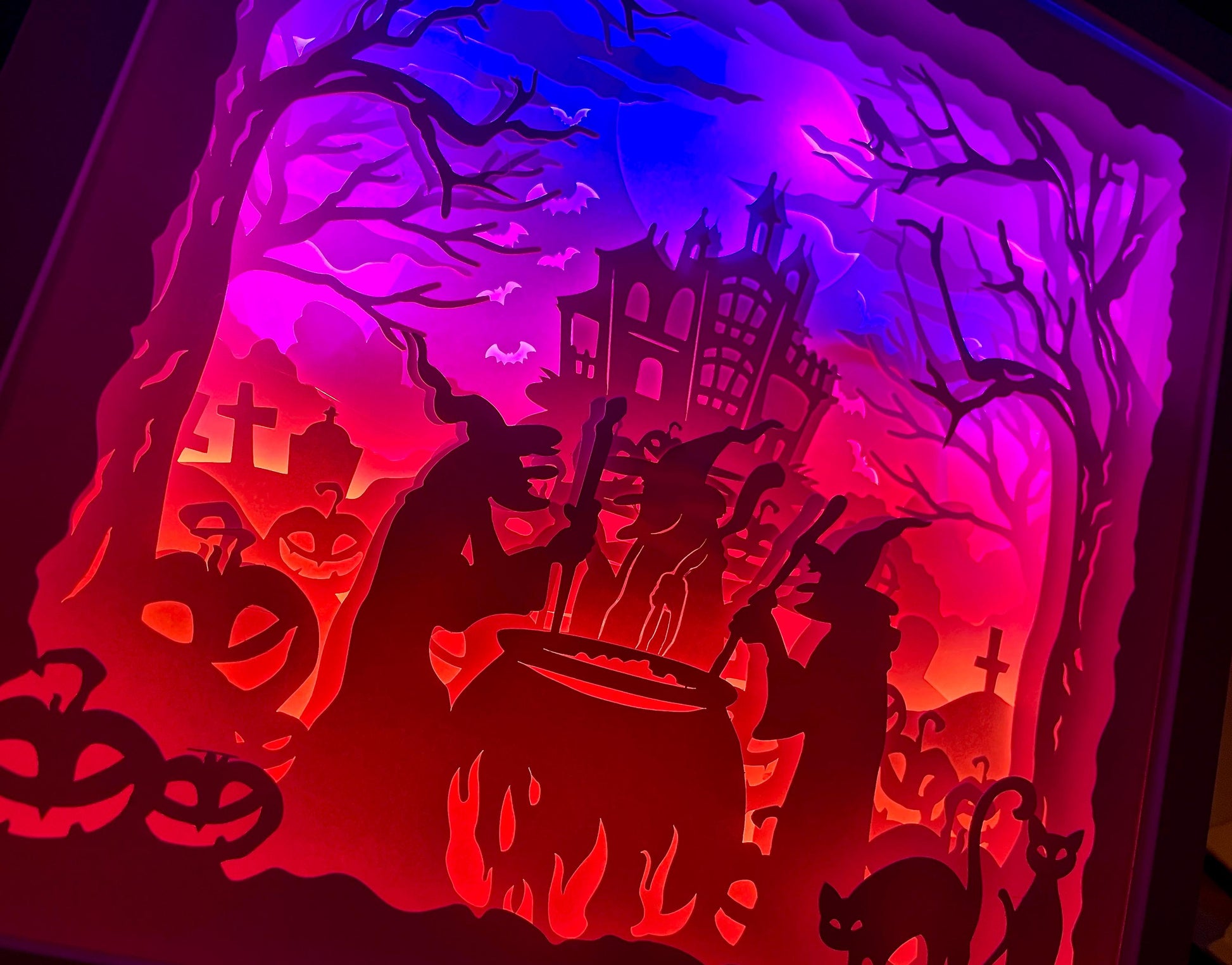 Spooky Halloween Lightbox, Illuminated Lit Halloween Art, Paper Cut Witches & Haunted House Decor, Custom Scary Halloween LED Decoration