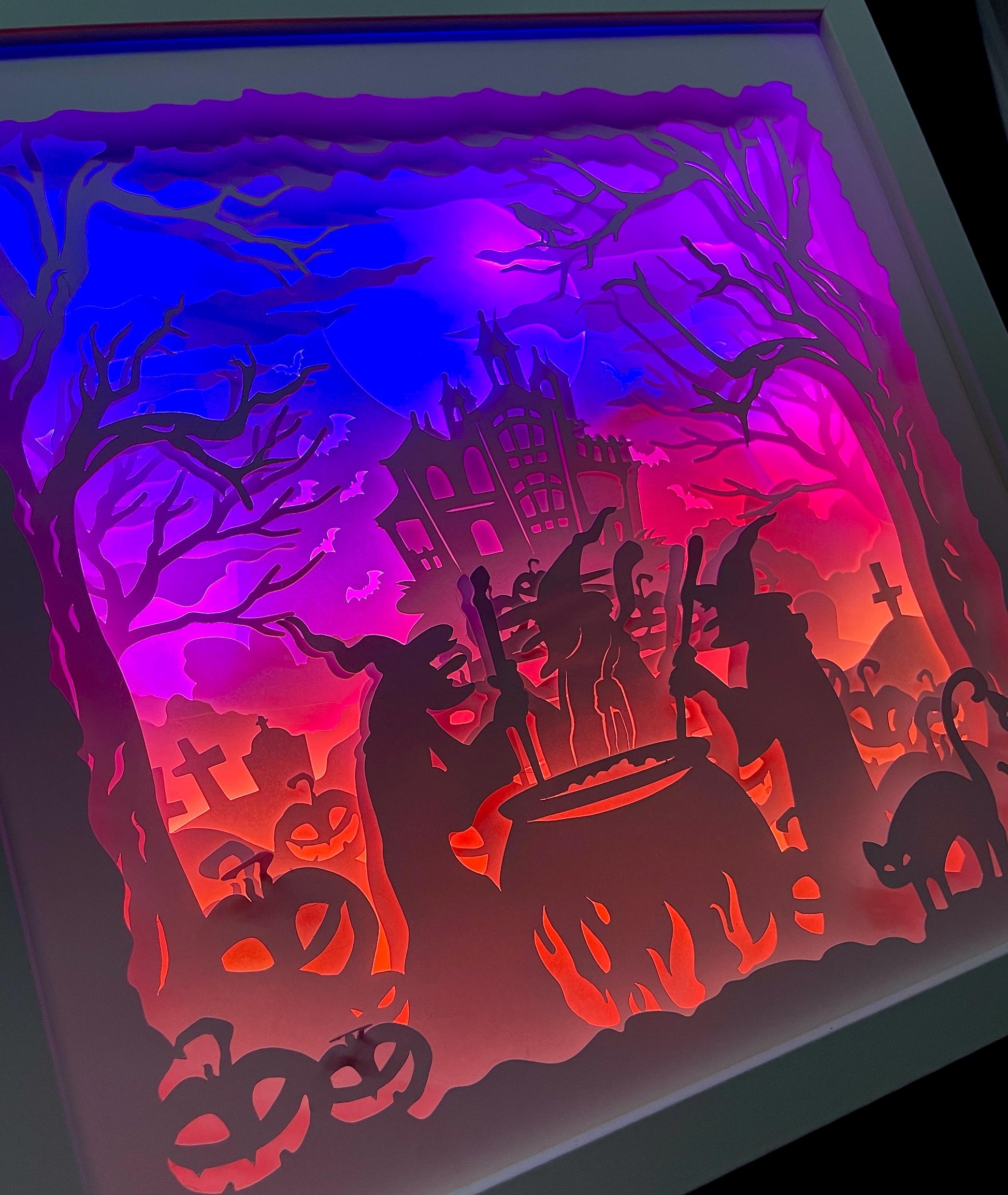 Spooky Halloween Lightbox, Illuminated Lit Halloween Art, Paper Cut Witches & Haunted House Decor, Custom Scary Halloween LED Decoration