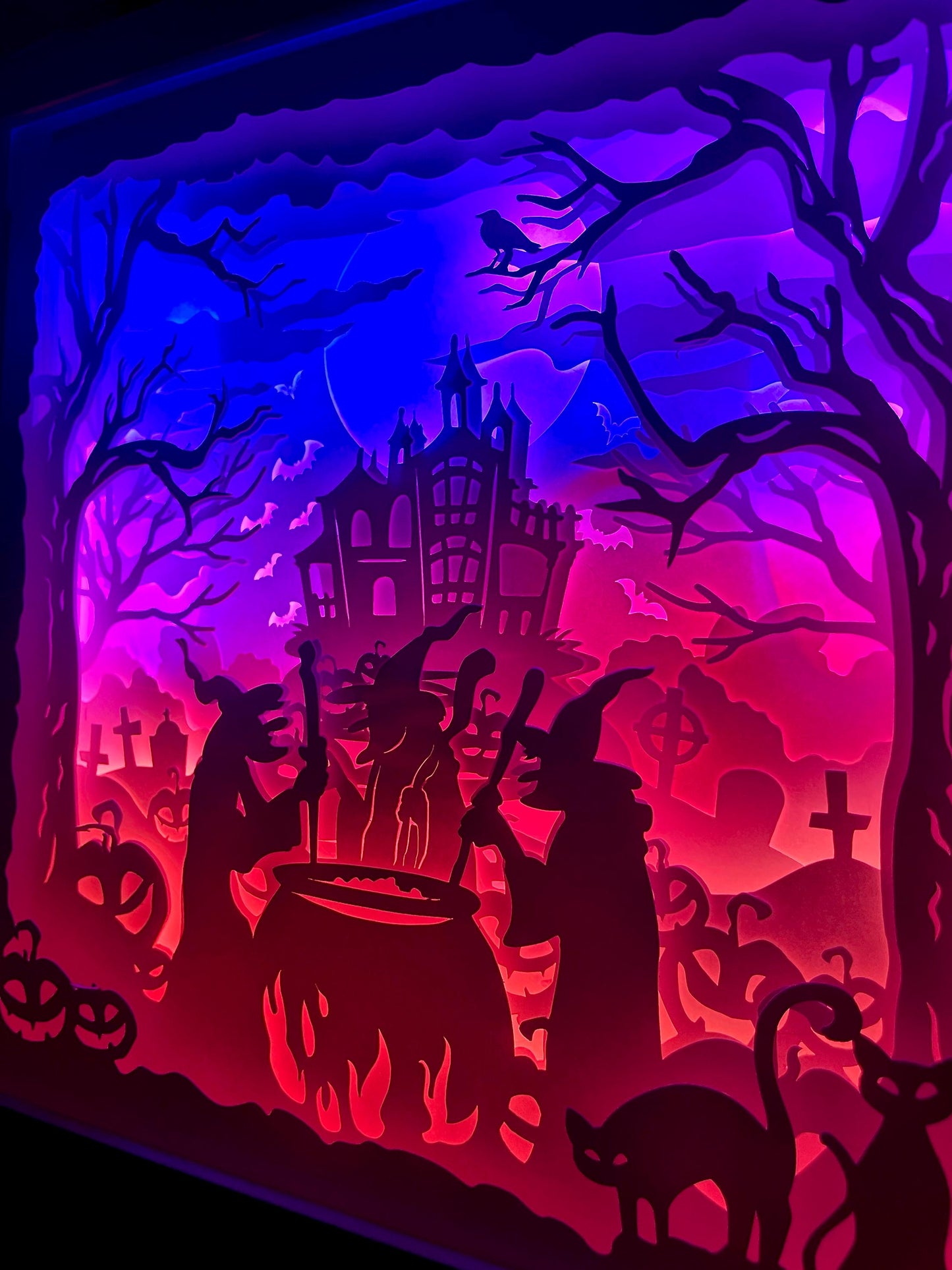 Spooky Halloween Lightbox, Illuminated Lit Halloween Art, Paper Cut Witches & Haunted House Decor, Custom Scary Halloween LED Decoration