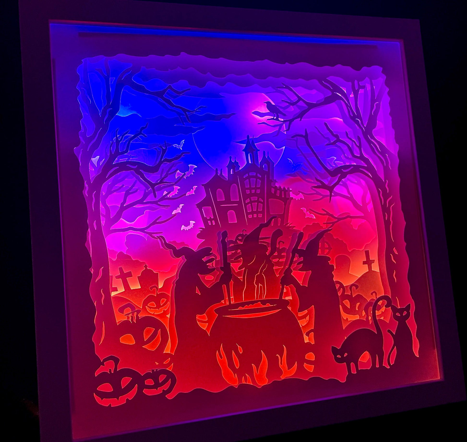 Spooky Halloween Lightbox, Illuminated Lit Halloween Art, Paper Cut Witches & Haunted House Decor, Custom Scary Halloween LED Decoration