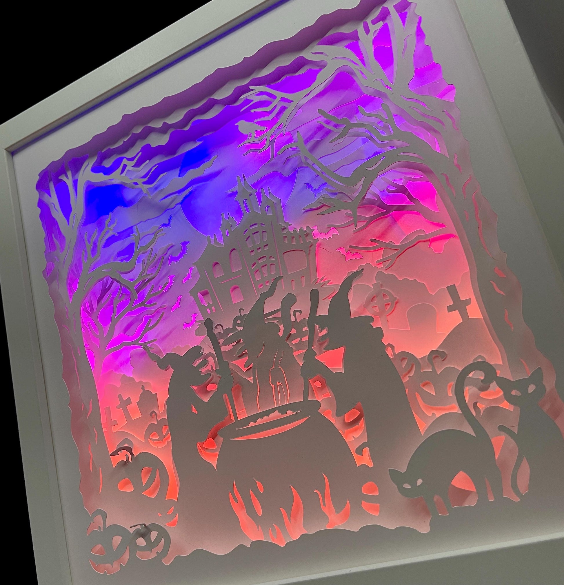 Spooky Halloween Lightbox, Illuminated Lit Halloween Art, Paper Cut Witches & Haunted House Decor, Custom Scary Halloween LED Decoration