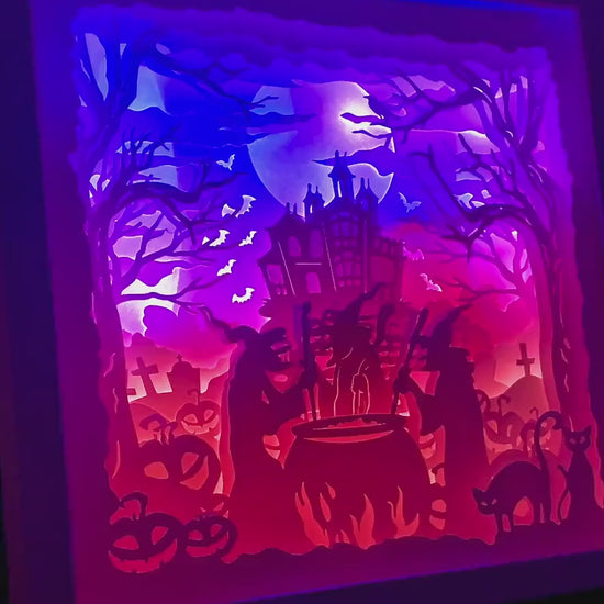 Spooky Halloween Lightbox, Illuminated Lit Halloween Art, Paper Cut Witches & Haunted House Decor, Custom Scary Halloween LED Decoration