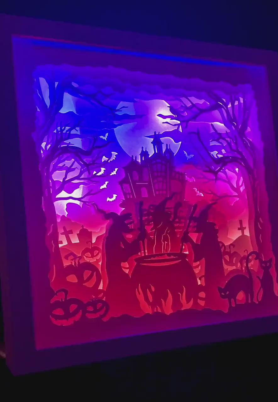 Spooky Halloween Lightbox, Illuminated Lit Halloween Art, Paper Cut Witches & Haunted House Decor, Custom Scary Halloween LED Decoration