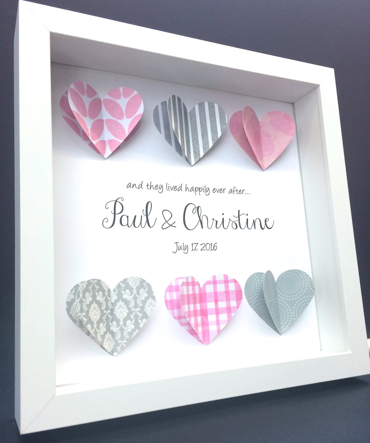 Personalized Wedding Gift, Heart Frame, Engagement, Valentine Gift, Paper Anniversary Gift, Paper Hearts Shadowbox Frame Wall Art