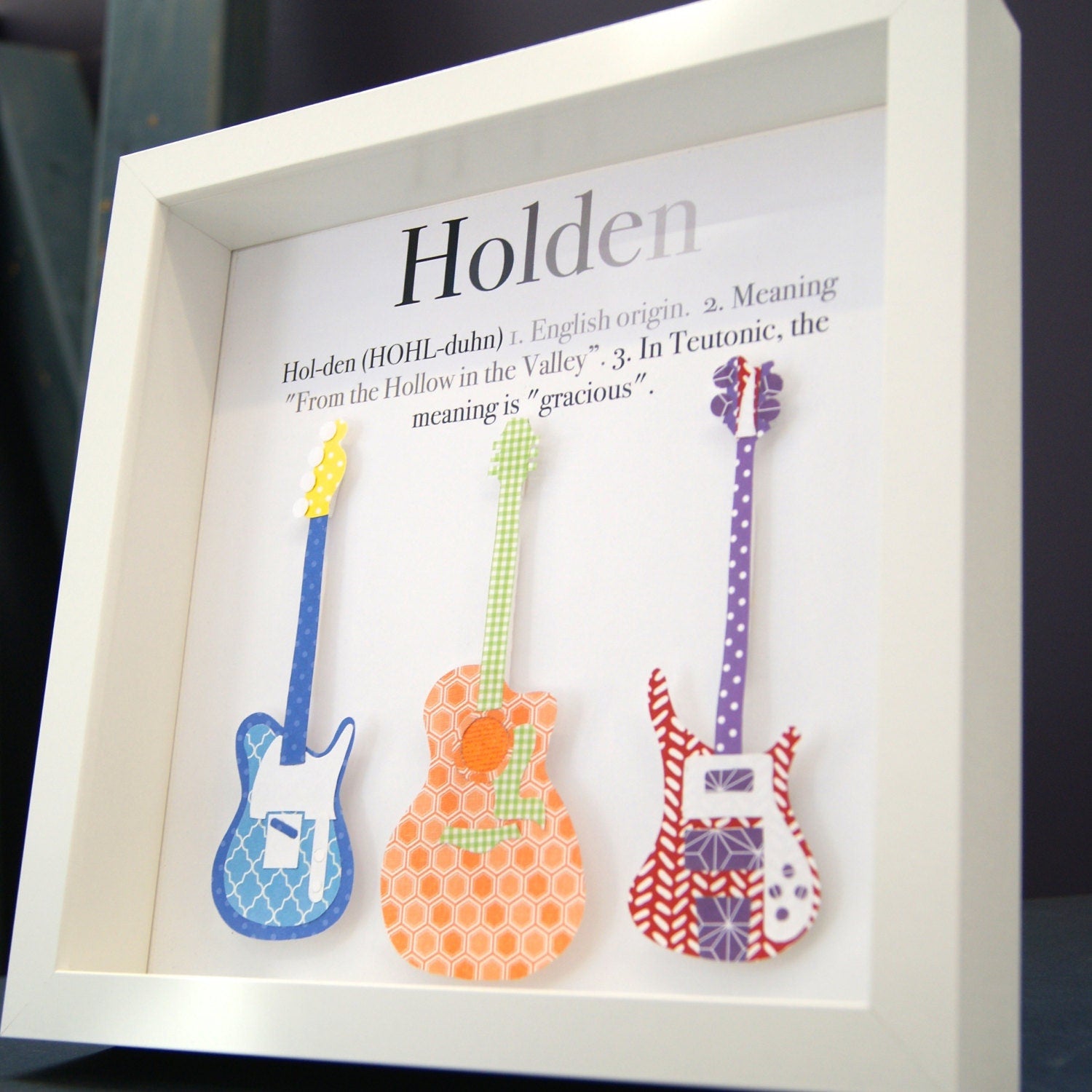 Personalized Guitar Frame with Name, Origin & Meaning Paper Art Custom Frame with a Music Guitar Theme, Music Nursery Theme, Guitar Nursery