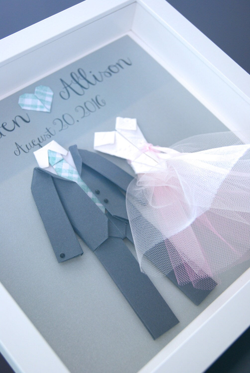 Bride and Groom Wedding Frame, Personalized Wedding Gift, First Anniversary, Paper Anniversary Gift, Paper Origami Bride & Groom Wall Art