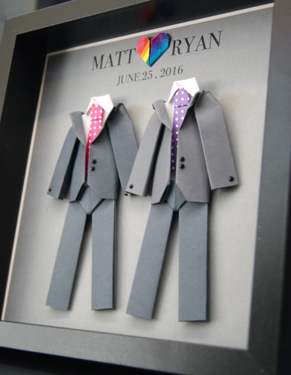 Personalized Gay Same Sex LGBTQ Wedding Gift, Engagement, First Anniversary Gift Paper Origami Groom & Groom Shadowbox Frame Custom Art Gift