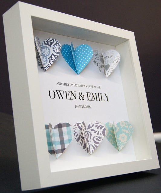 Personalized Wedding Frame, Engagement, First Anniversary, Bridal Shower, 3D Paper Hearts Origami Shadowbox Frame Custom Wall Art Gift