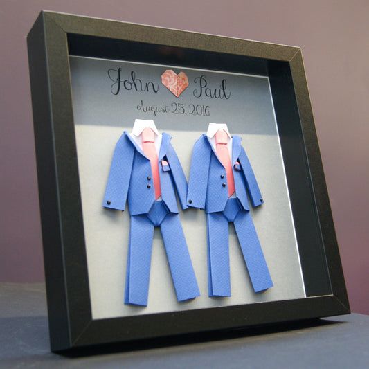 Personalized Gay Same Sex LGBT Wedding Gift, Engagement, First Anniversary Paper Gift Origami Groom & Groom Shadowbox Frame Custom Art