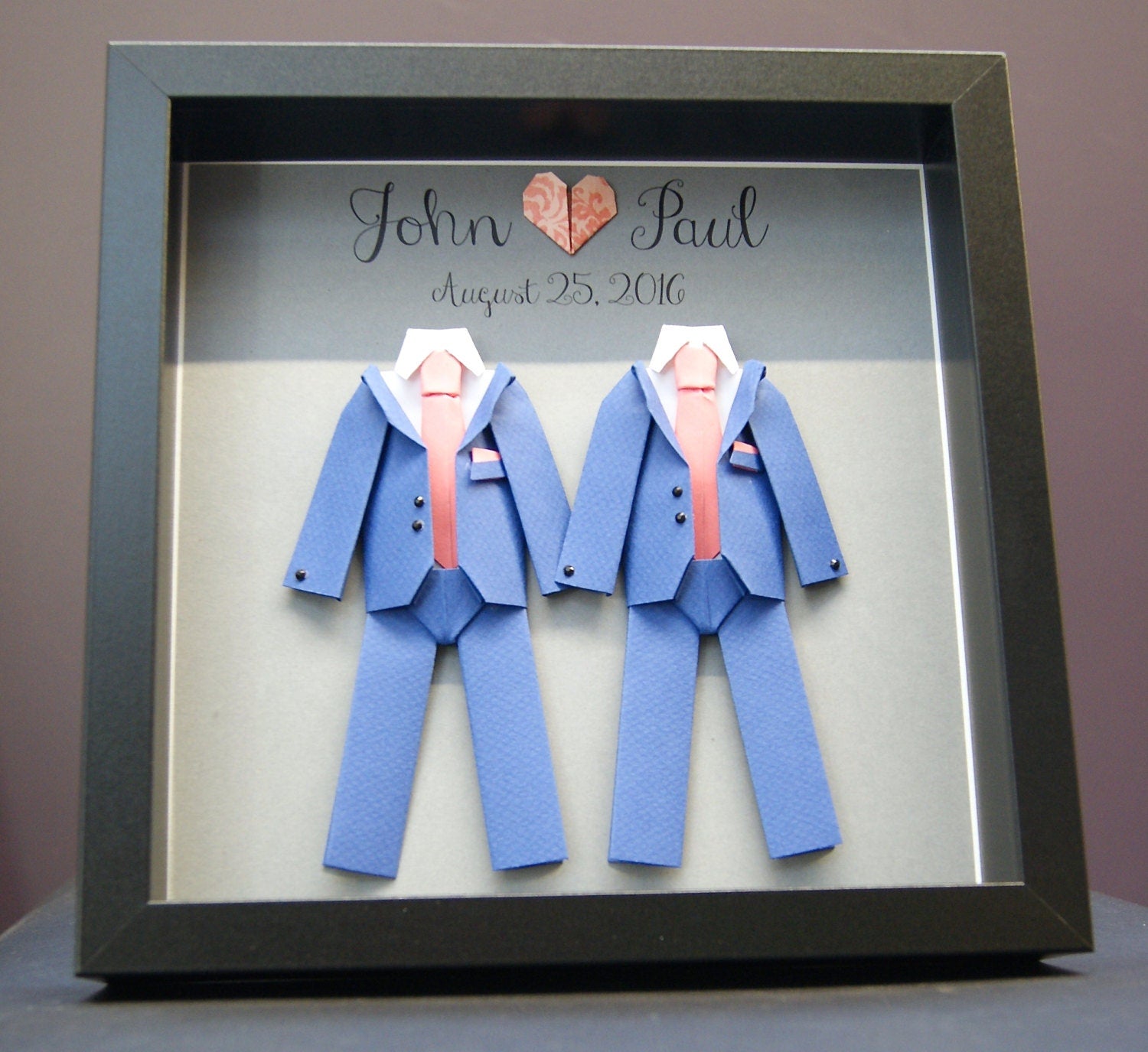 Personalized Gay Same Sex LGBT Wedding Gift, Engagement, First Anniversary Paper Gift Origami Groom & Groom Shadowbox Frame Custom Art