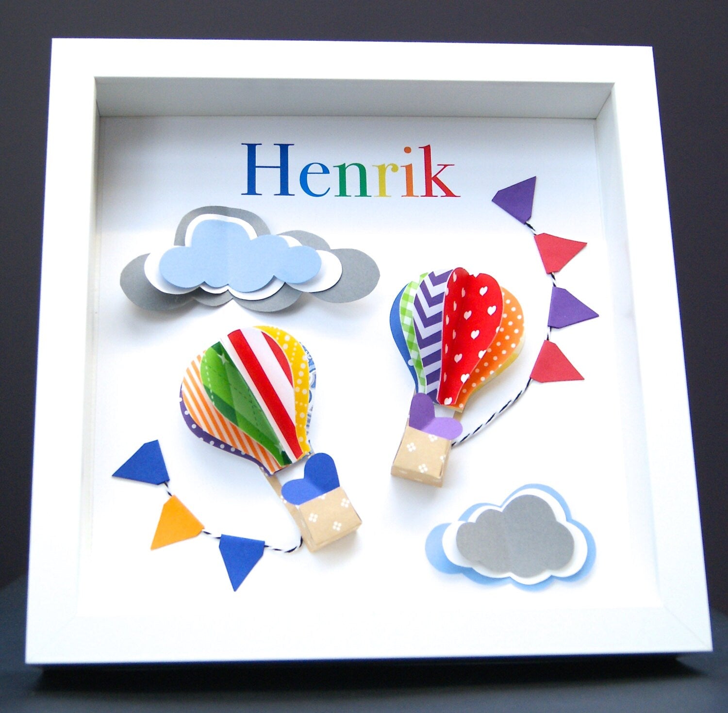 Personalized Baby Name Frame with Paper Origami Hot Air Balloons and Clouds Custom Art, Baby Shower Gift, Hot Air Balloons Nursery Decor Art