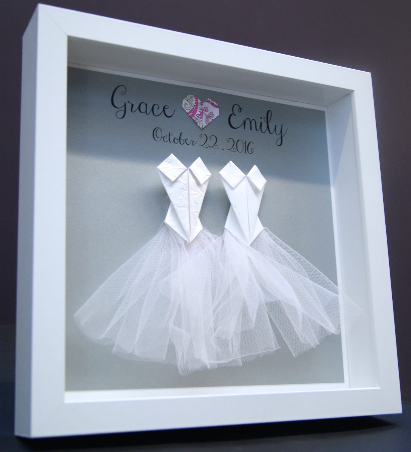 Personalized Gay Same Sex LGBT Wedding, Marriage, Engagement, First Anniversary Paper Origami Bride & Bride Shadowbox Frame Custom Art Gift