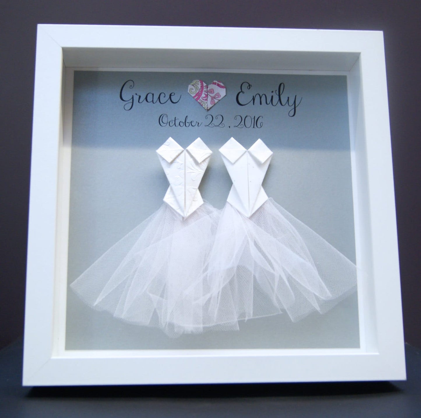 Personalized Gay Same Sex LGBT Wedding, Marriage, Engagement, First Anniversary Paper Origami Bride & Bride Shadowbox Frame Custom Art Gift