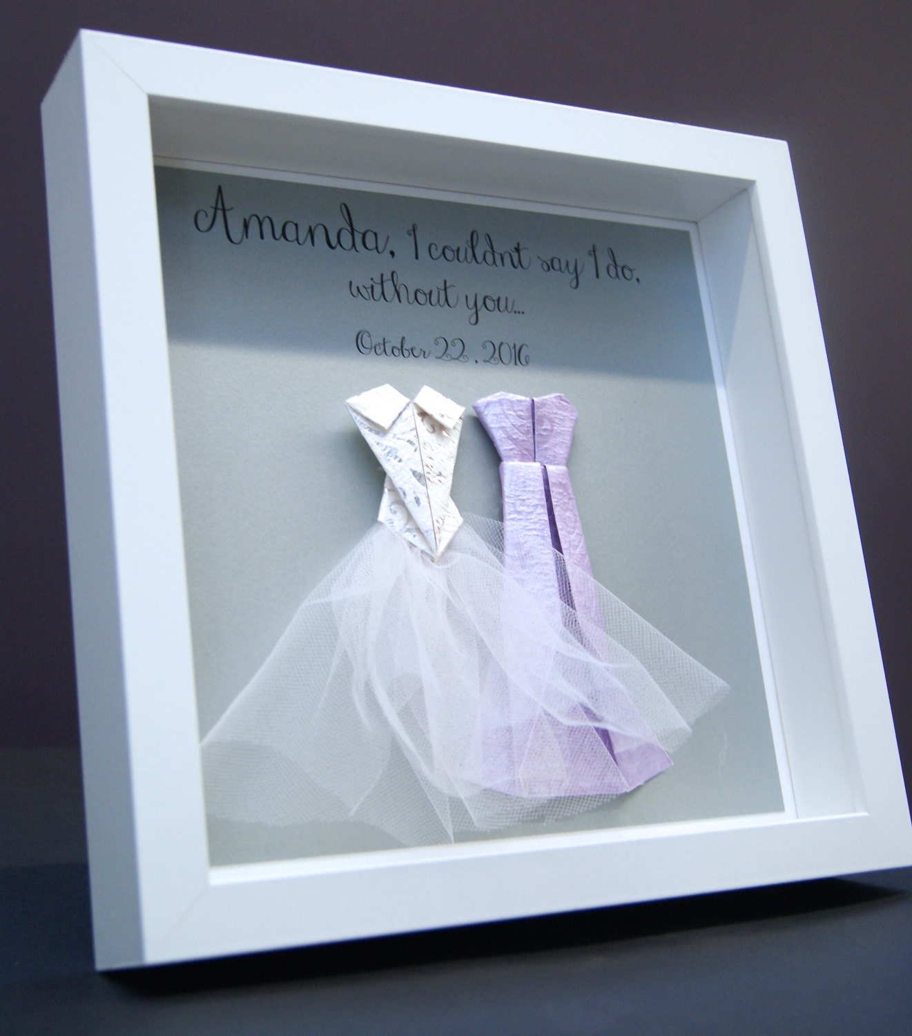 Personalized Bridesmaid Gift Wedding Paper Origami Bride & Bridesmaid Shadowbox Frame Custom Bridal Dresses Wall Art