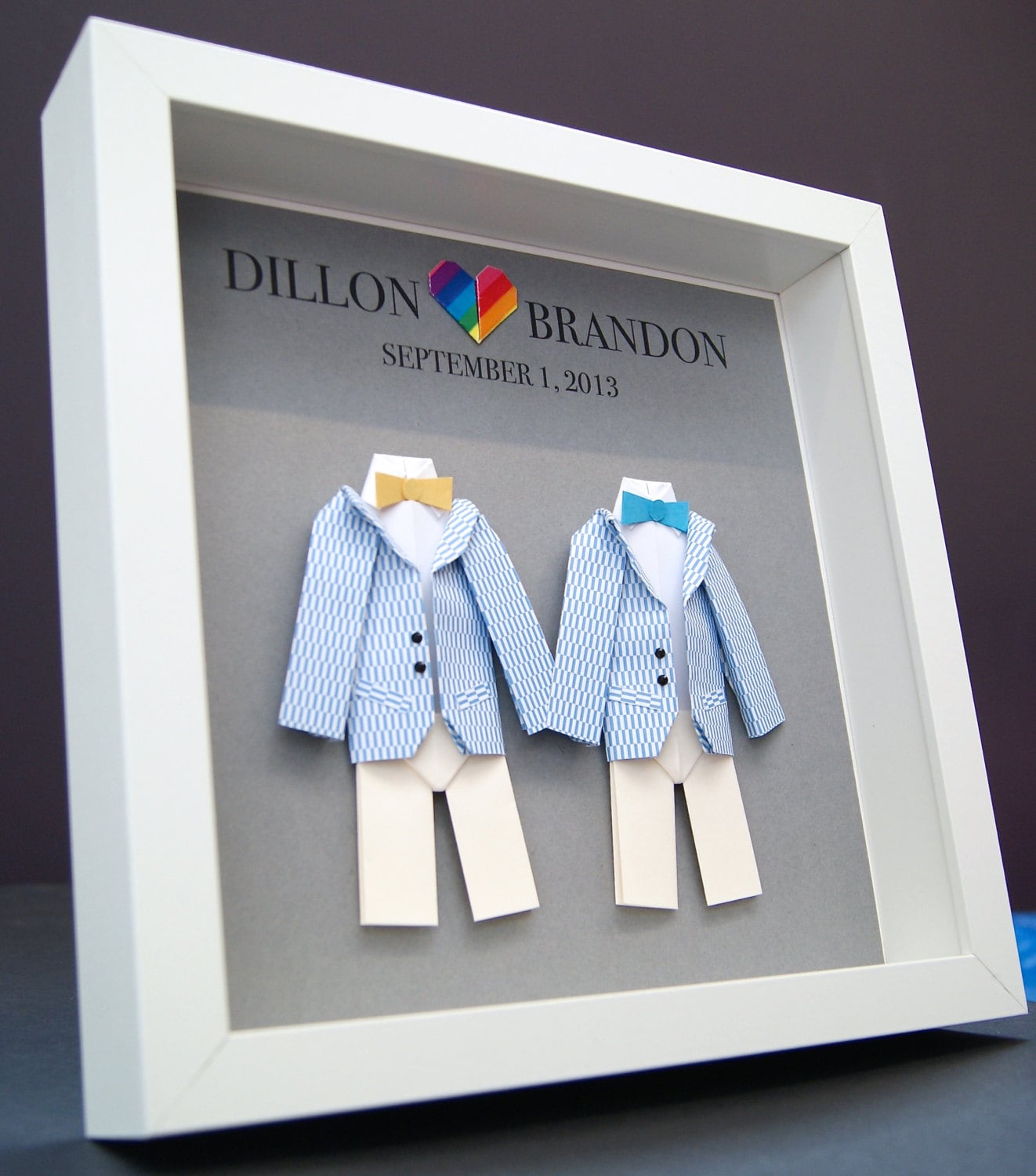 Personalized Gay Same Sex LGBT Wedding, Marriage, Engagement, First Anniversary Paper Origami Groom & Groom Shadowbox Frame Custom Art Gift