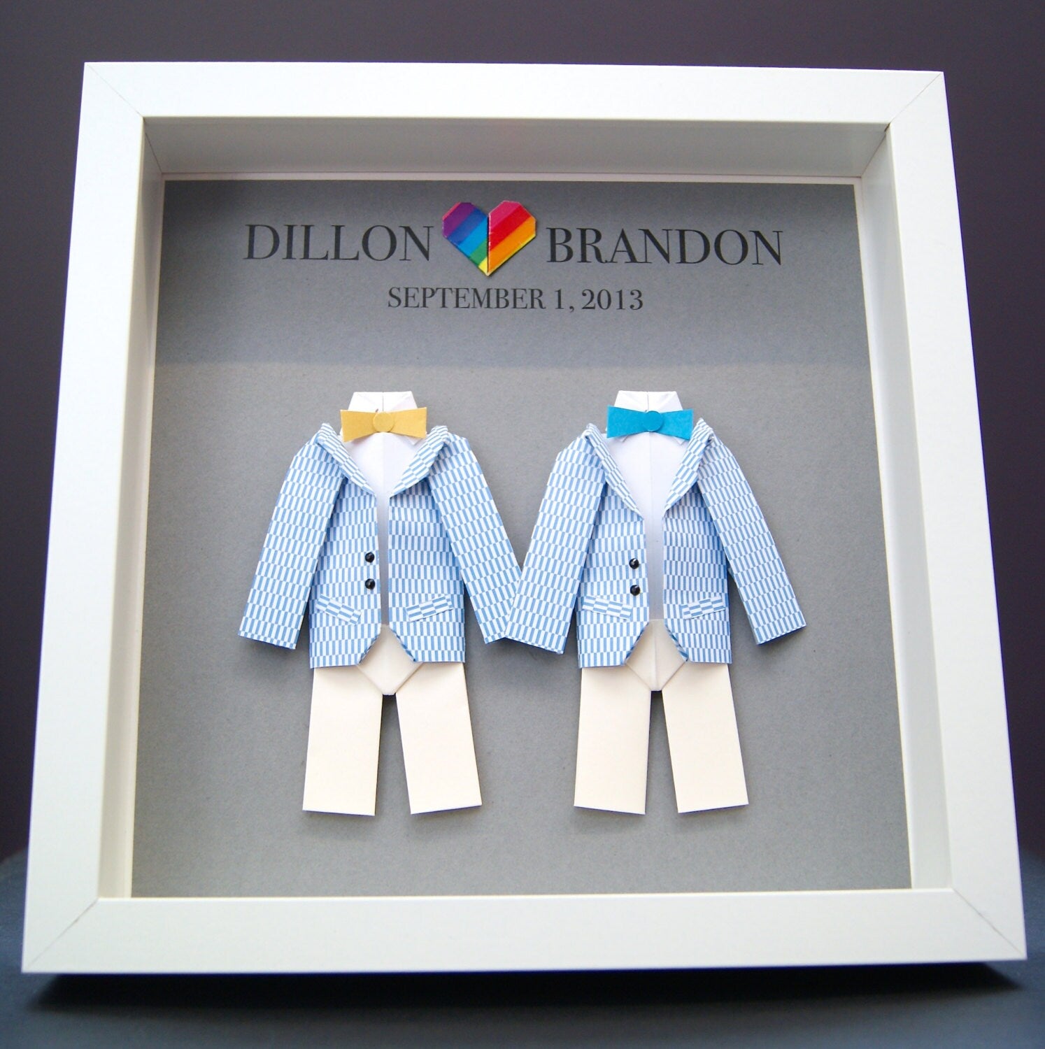 Personalized Gay Same Sex LGBT Wedding, Marriage, Engagement, First Anniversary Paper Origami Groom & Groom Shadowbox Frame Custom Art Gift