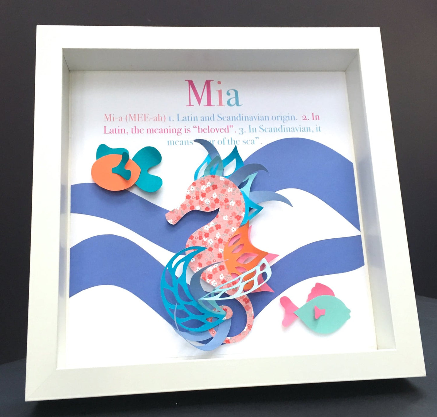 Personalized Baby Girl Name Frame with Seahorse, Name, Origin and Meaning, Paper Art Custom Baby Girl Shower Gift, Seahorse Nursery Decor