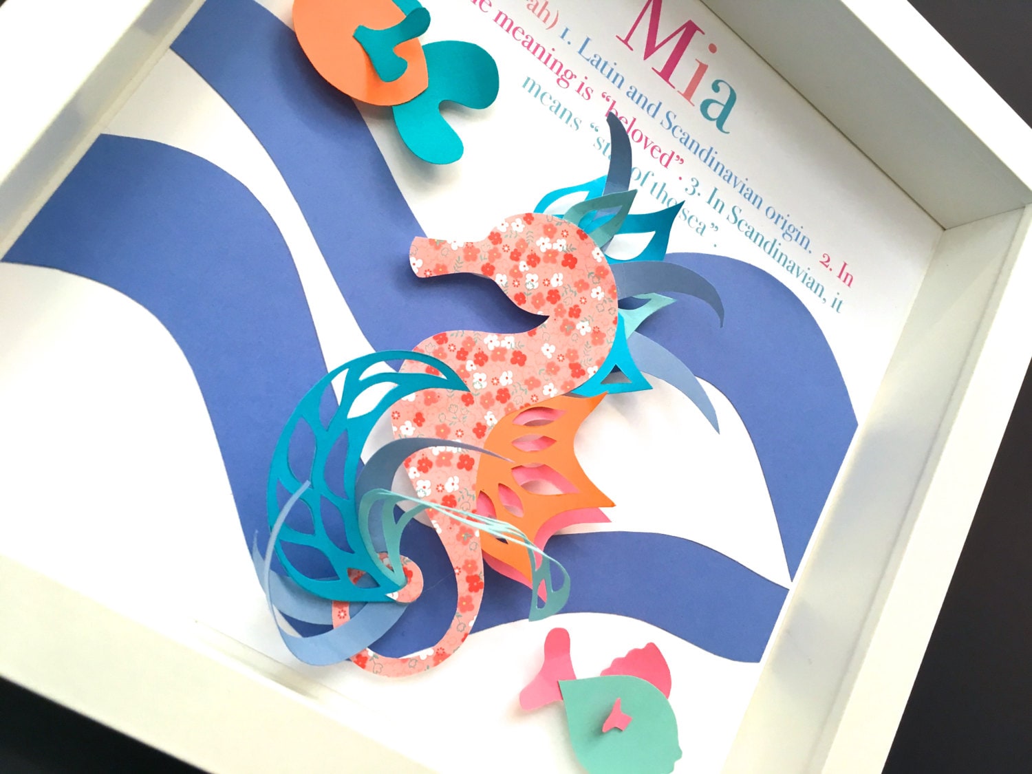 Personalized Baby Girl Name Frame with Seahorse, Name, Origin and Meaning, Paper Art Custom Baby Girl Shower Gift, Seahorse Nursery Decor