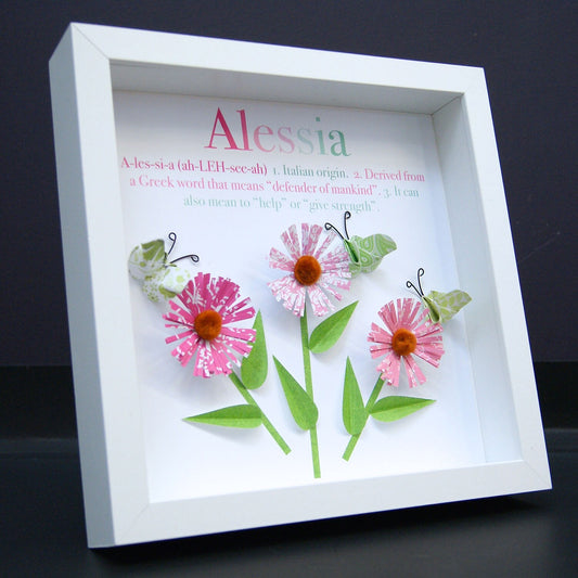 Personalized Baby Girl Frame with Name Origin and Meaning Custom Art of Daisies & Butterflies for Baby Shower Gift, Daisy Nursery Decor