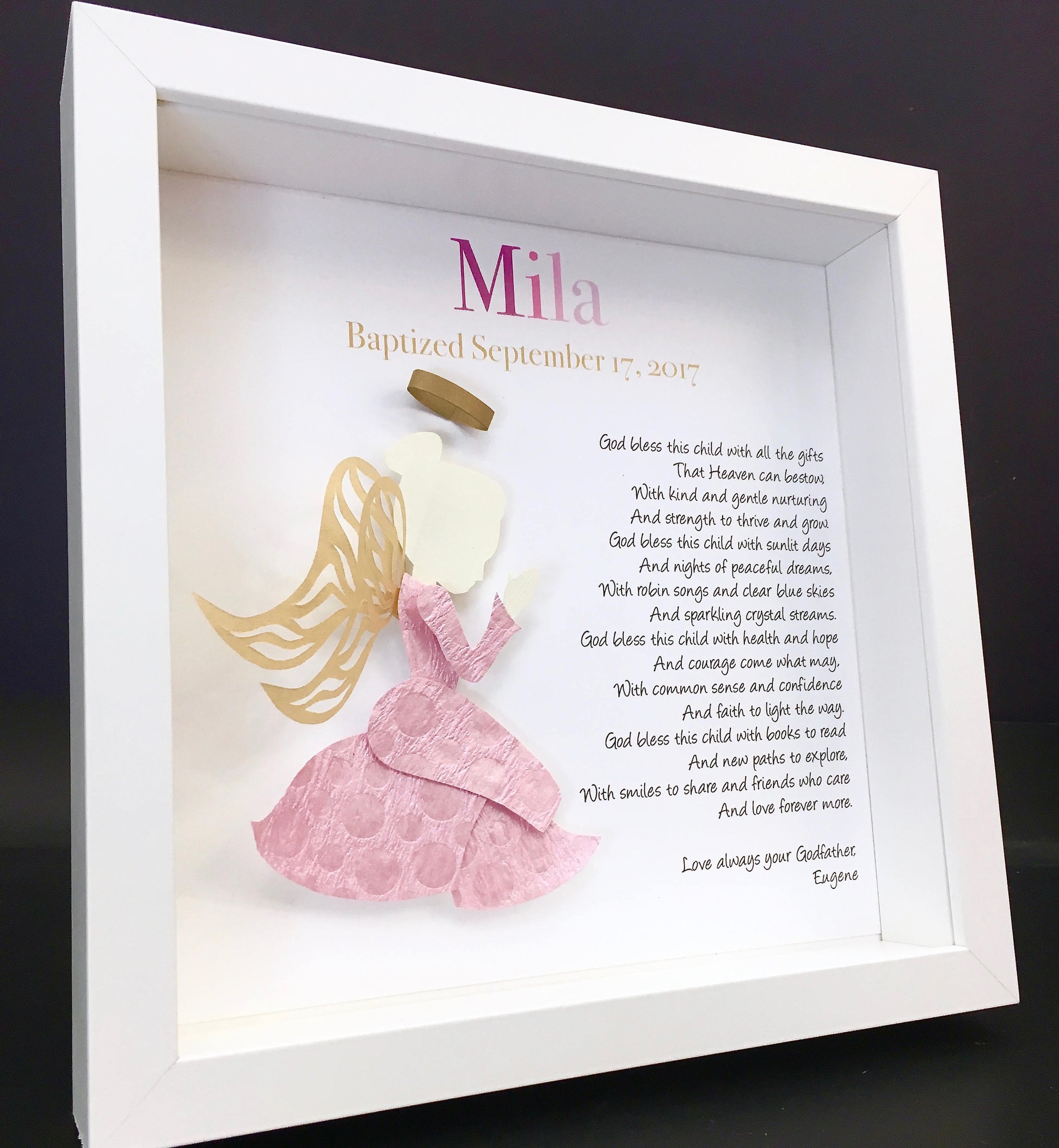 Personalized Baby Girl Christening, Baptism Frame with Praying Angel Nursery Decor Wall Art, Baby Girl Christening Gift, Personalized Poem