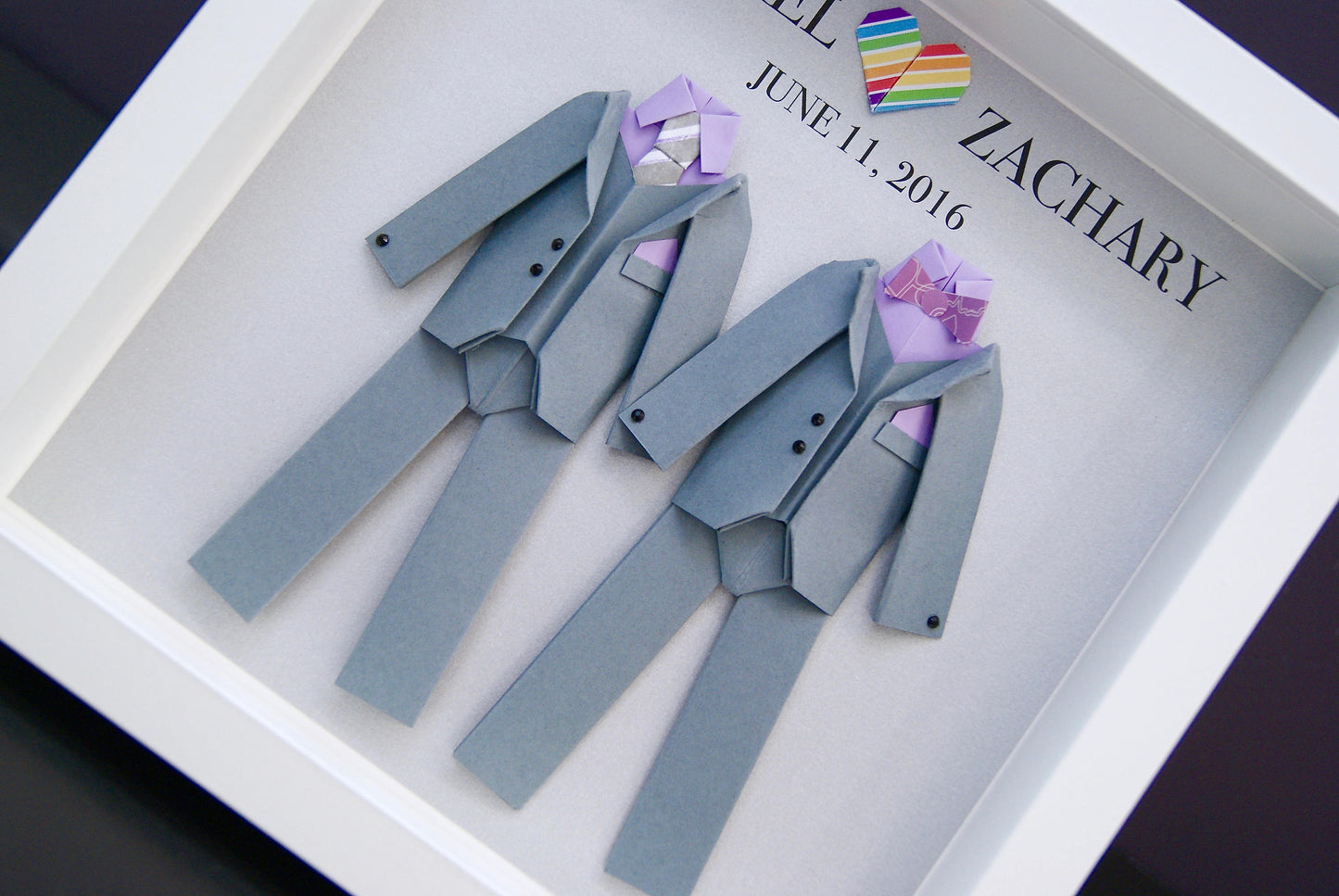 Personalized Gay Same Sex LGBT Wedding Gift, Engagement, First Anniversary Paper Anniversary Origami Groom & Groom Frame Custom Wall Art