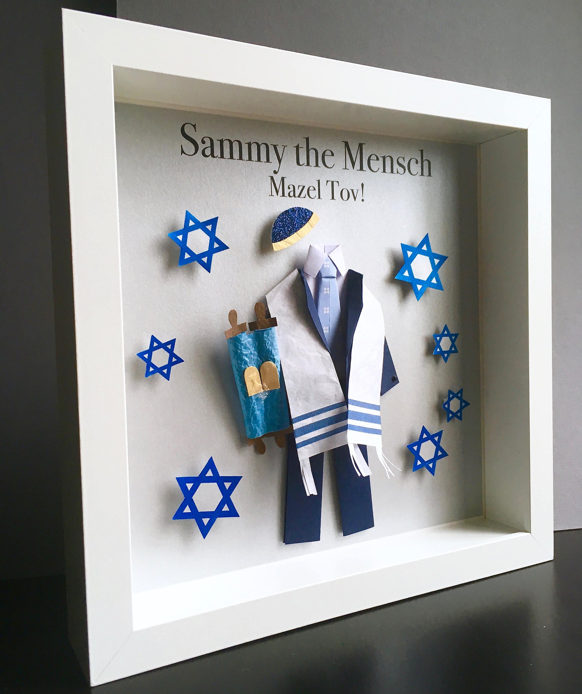 Personalized Custom Bar Mitzvah Gift, Frame with Paper Suit and Tie, Yamaka, Torah, and Tallit Prayer Shawl