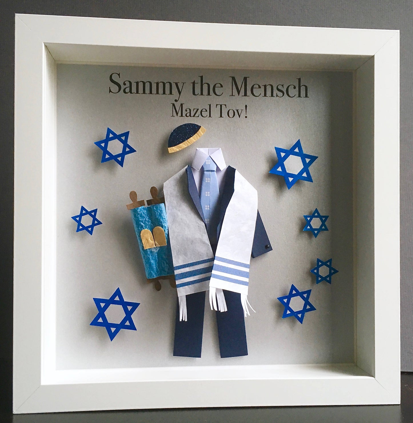 Personalized Custom Bar Mitzvah Gift, Frame with Paper Suit and Tie, Yamaka, Torah, and Tallit Prayer Shawl