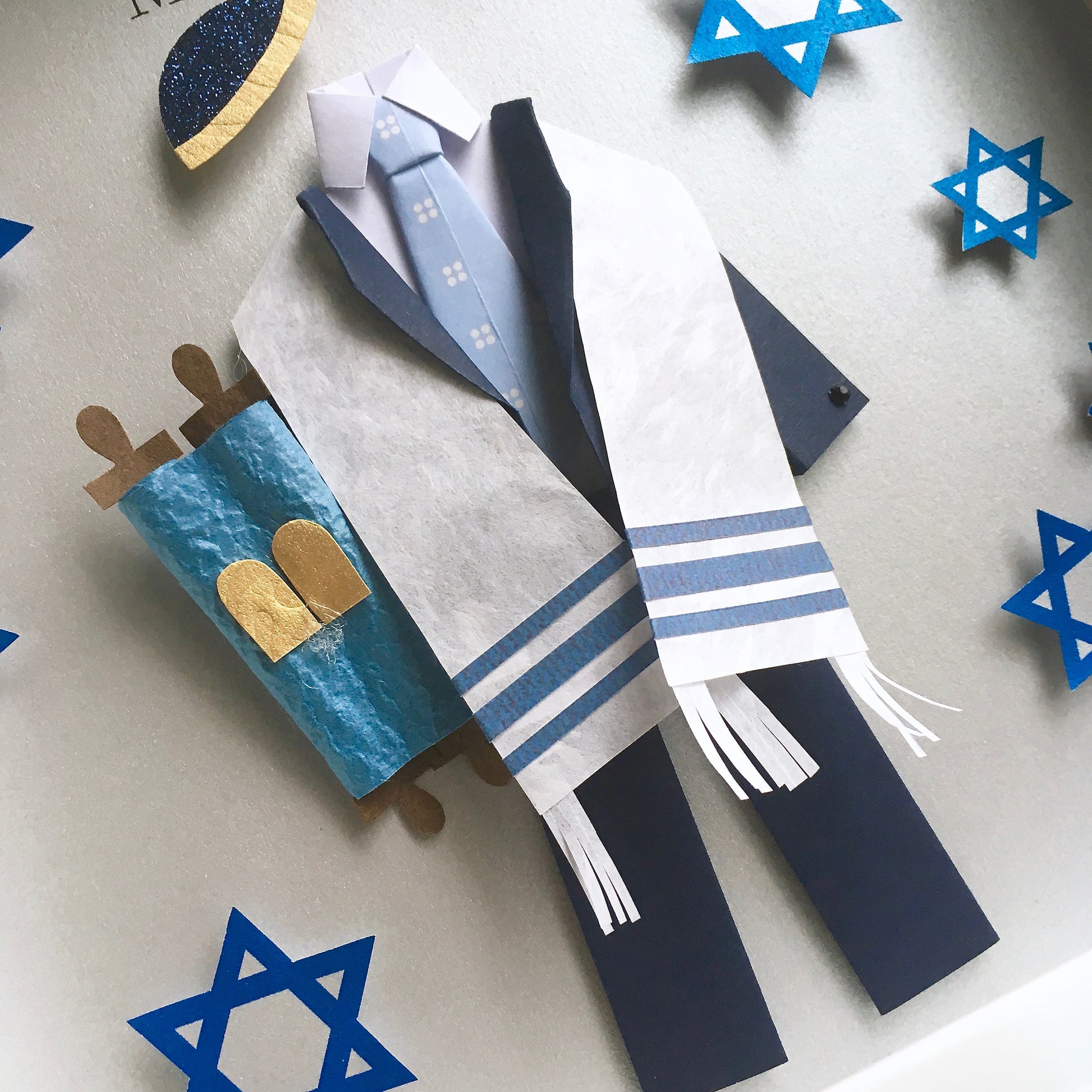 Personalized Custom Bar Mitzvah Gift, Frame with Paper Suit and Tie, Yamaka, Torah, and Tallit Prayer Shawl