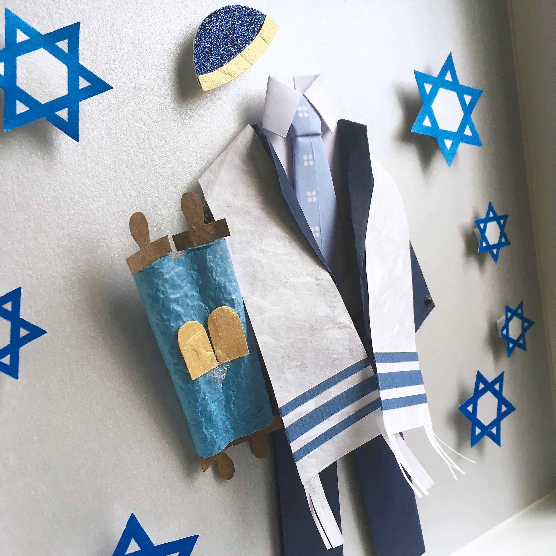 Personalized Custom Bar Mitzvah Gift, Frame with Paper Suit and Tie, Yamaka, Torah, and Tallit Prayer Shawl