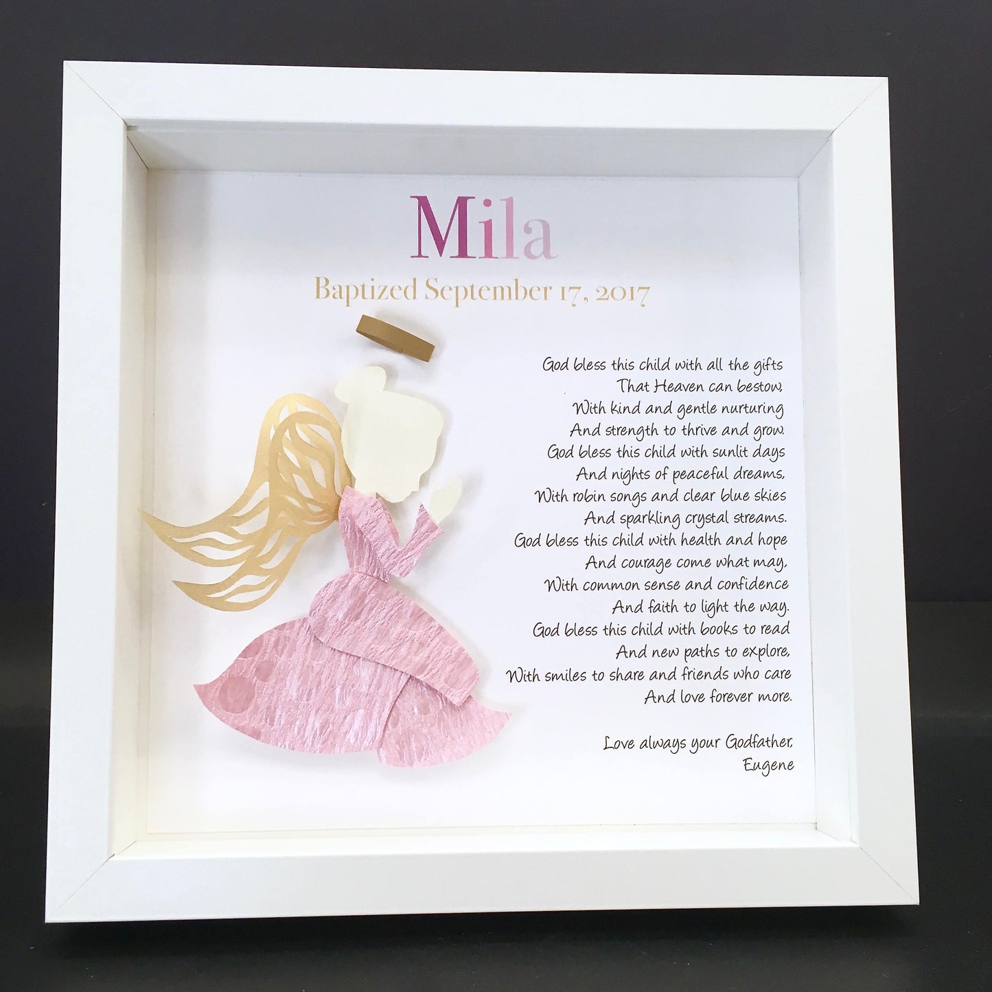 Personalized Baby Girl Christening, Baptism Frame with Praying Angel Nursery Decor Wall Art, Baby Girl Christening Gift, Personalized Poem