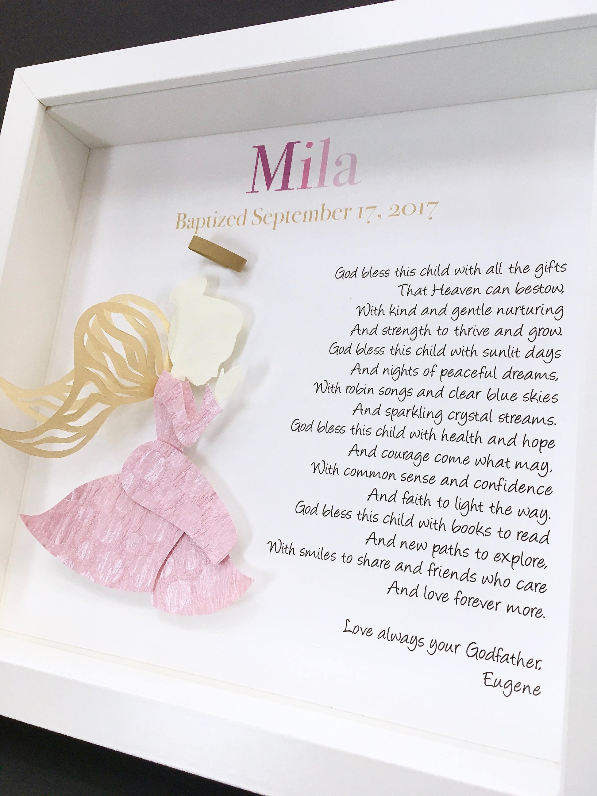 Personalized Baby Girl Christening, Baptism Frame with Praying Angel Nursery Decor Wall Art, Baby Girl Christening Gift, Personalized Poem