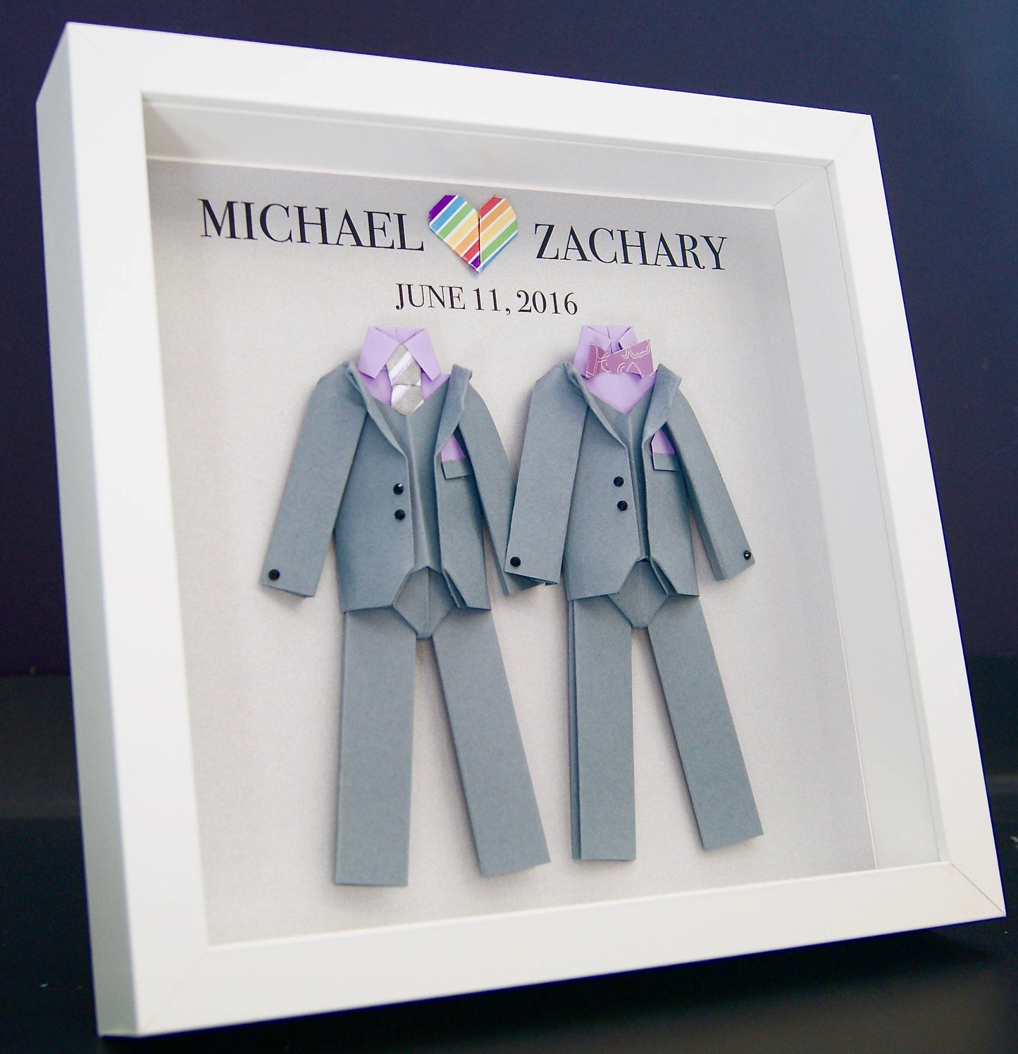 Personalized Gay Same Sex LGBT Wedding Gift, Engagement, First Anniversary Paper Anniversary Origami Groom & Groom Frame Custom Wall Art