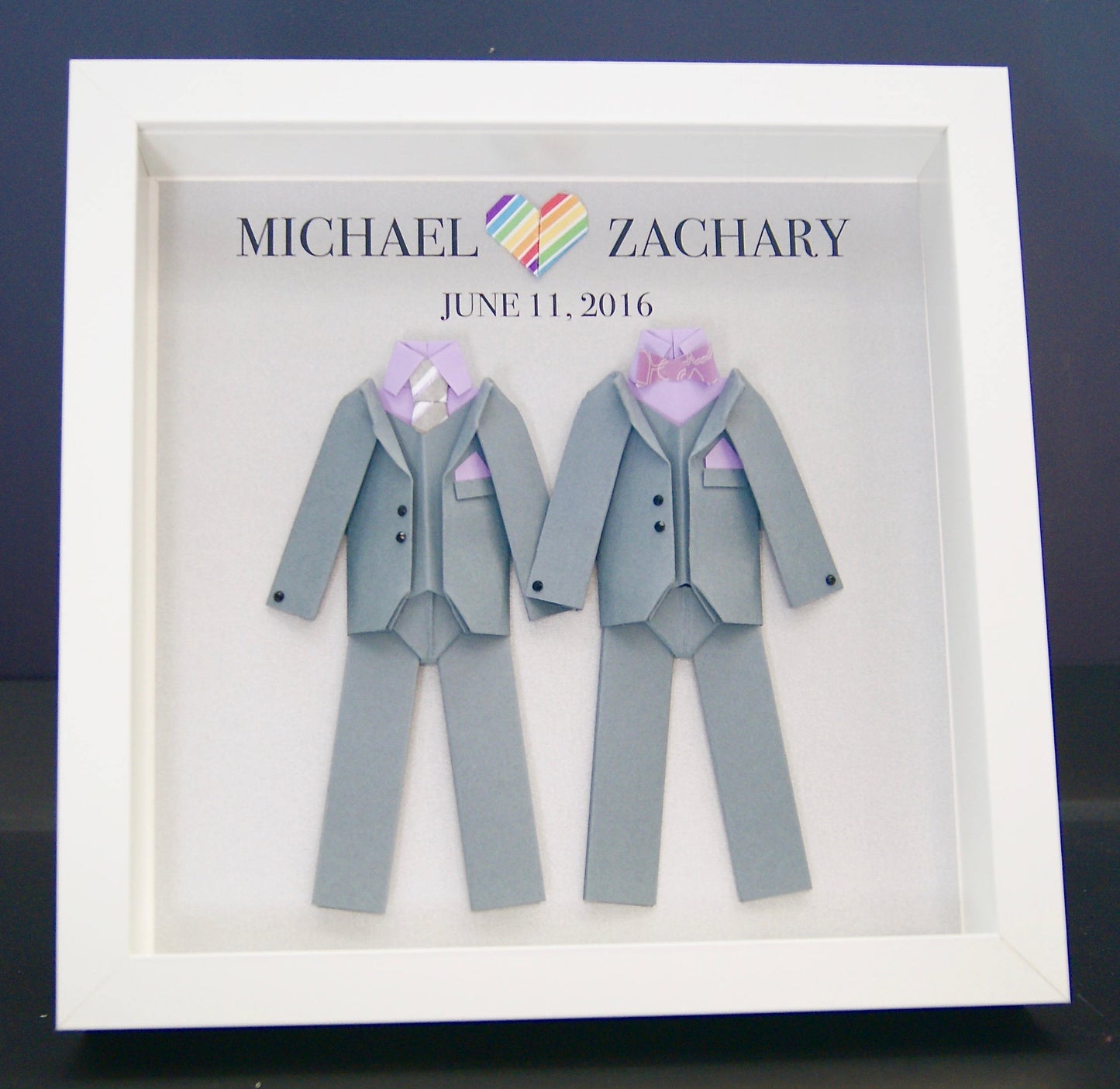 Personalized Gay Same Sex LGBT Wedding Gift, Engagement, First Anniversary Paper Anniversary Origami Groom & Groom Frame Custom Wall Art