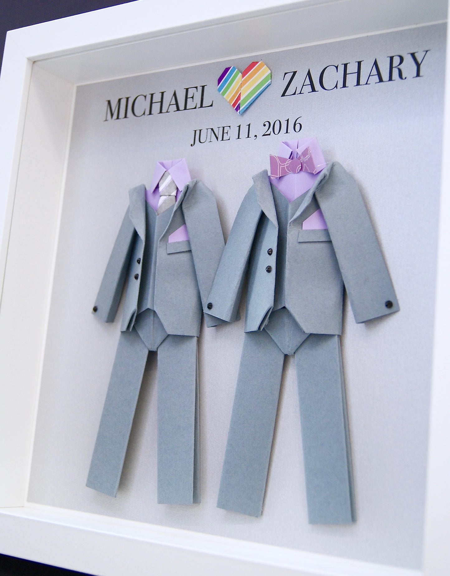 Personalized Gay Same Sex LGBT Wedding Gift, Engagement, First Anniversary Paper Anniversary Origami Groom & Groom Frame Custom Wall Art