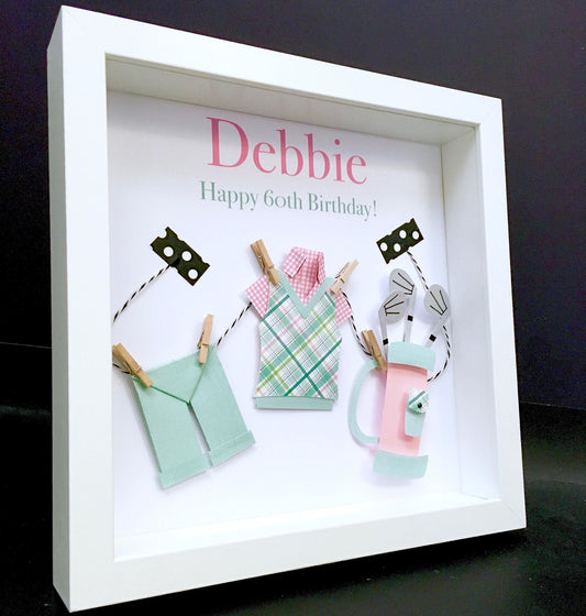 Personalized Golf Frame with Paper Origami Golf Theme of Golf Bag, Golf Shirt and Shorts Custom Wall Art